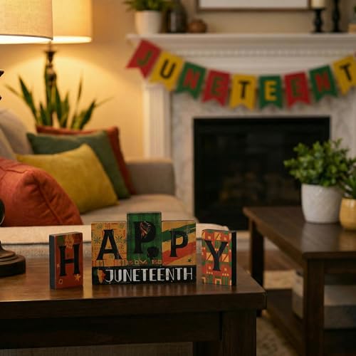 Smile Juneteenth HAPPY Wooden Desktop Decor - 6 Piece African American Black Pride Table Signs - Home Office Shelf Accents - Black History Month Gifts for Men, Women - style: Letter Juneteenth