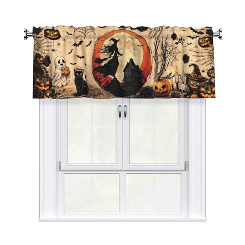 Halloween Witch Valances for Windows Rod Pocket Curtain Valance 1 Panel Short Curtains for Kitchen Bathroom Living Room Bedroom Window Treatments - color: Halloween Witch