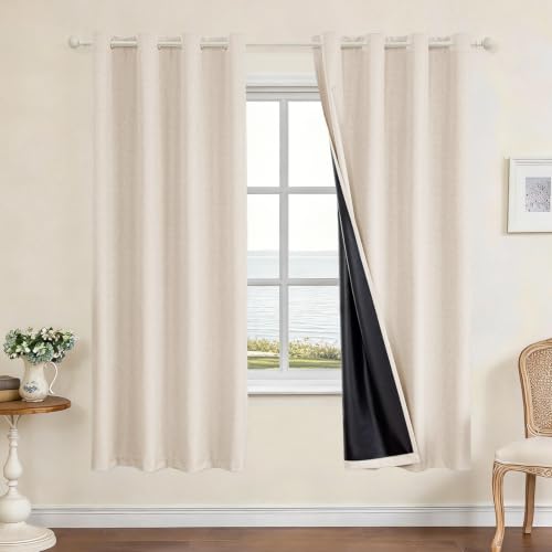 Faux Linen 100% Blackout Curtains, 52" W x 72" L (2 Panels) - color: Beige, size: 52"W x 72"L (Pack of 2)