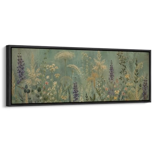 wall26 Large Framed Wall Art Canvas Print - Sage Green Vintage Wildflower Botanical - Contemporary Artwork for Living Room Bedroom Office - 60"x20" Black - color: A07-2607-ANG16, size: 60"L x 20"W, style: Black Frame