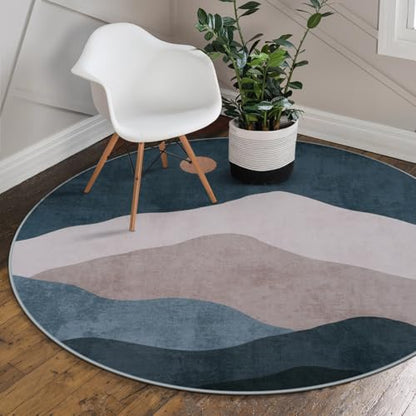 4ft Abstract Round Area Rug, Blue Washable Mountain Sun Circle Rugs - color: Blue, size: 4' (Round)