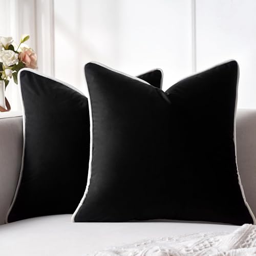 20x20 Black Pillow Cover Velvet Couch Pillow Covers Square Accent Solid Cushion Cover Black Throw Pillow Covers with White Edge Luxury Soft Throw Pillow Cases for Farmhouse Living Room Bedroom - color: Black, size: 20" x 20" (Pack of 2)