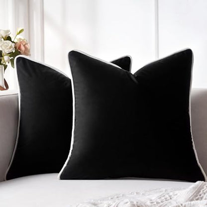 20x20 Black Pillow Cover Velvet Couch Pillow Covers Square Accent Solid Cushion Cover Black Throw Pillow Covers with White Edge Luxury Soft Throw Pillow Cases for Farmhouse Living Room Bedroom - color: Black, size: 20" x 20" (Pack of 2)