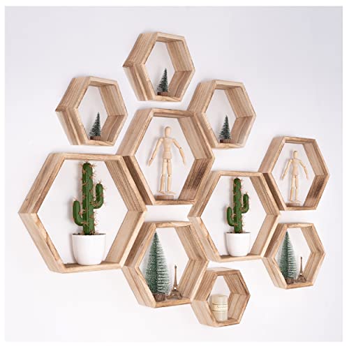 WONFUlity Hexagon Floating Shelves - Honeycomb Wall Mounted Wood Farmhouse Storage for Bathroom, Kitchen, Bedroom, Living Room - Driftwood Finish Decor, Light Brown - color: Light Brown, size: 10PC
