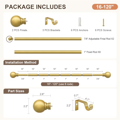 Modern Gold Curtain Rods for Windows 66 to 120 Inches Drapery Rods - color: Gold, size: 16"-120"|1 Pack