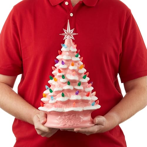 Casafield Hand Painted Ceramic Christmas Tree, Pink Snow Flocked 15-Inch Pre-Lit Tree with 128 Multi Color Lights and 2 Star Toppers - color: Pink Snow Flocked