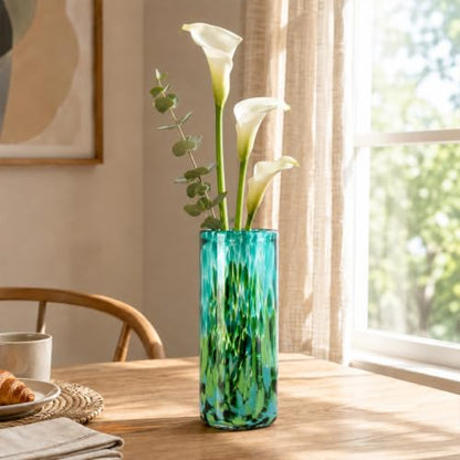 9.45in H Sea Glass Cylinder Vase Unique Hand Blown Glass Vase for Flower - color: Dark Green