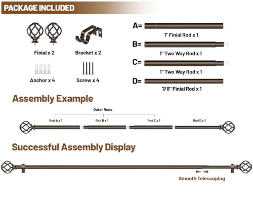 KAMANINA Bronze Curtain Rod 32 to 58 Inch, Adjustable Single Drapery Rods - color: Bronze, size: 32-58"