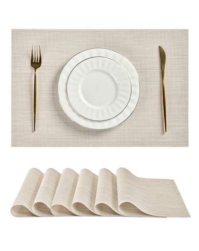 Beige White Placemats Set of 6 - Heat Resistant Non-Slip Place mats for Dining Table, Washable Durable PVC Vinyl Woven Table Mats(Beige White, 6) - color: C1- Beige White, size: Set of 6
