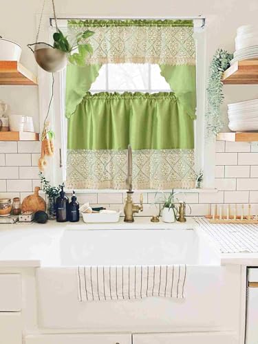 Generic 3-Piece Set Embroidered Window Curtain 2 Panels 1 Valance for Kitchen Restaurant Bar BR (Lime Green BR-39) - color: Lime Green Br-39
