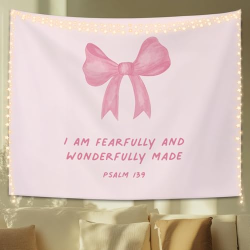STHTTSW Pink Bow Christian Tapestry, I Am Fearfully And Wonderfully Made Tapestries Wall Blanket, Cute Coquette Tapestry Decor for Girl College Dorm Apartment Bedroom Church, 50x60 Inch - color: Bible - Fearfully And Wonderfully Made