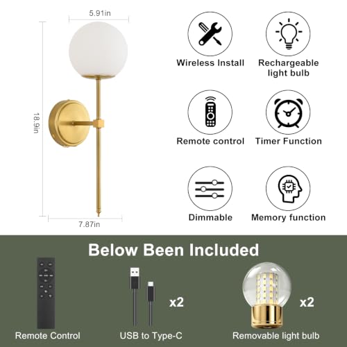Globe Battery Operated Sconce Set of 2 with Clear Glass Lampshade - color: Gold- Frosted White