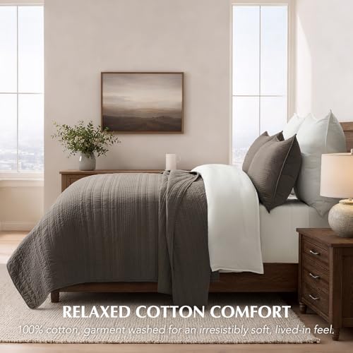 EVERGRACEHOME 100% Cotton Modern Lines Quilt Set Queen Size, Mushroom Brown - color: Mushroom Brown, size: Full/Queen (92" X 92")