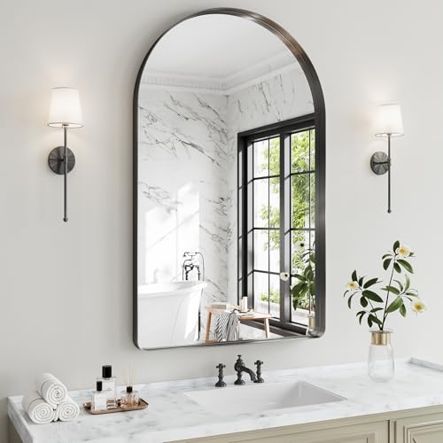 48"x30" Black Arched Mirror, Arched Wall Mirror with Metal Frame, Wall Mounted Large Arched Mirror for Living Room, Restroom, Entryway, Tempered Glass, Modern Home Decor - color: Black-rounded Corner, size: 48"L x 30"W