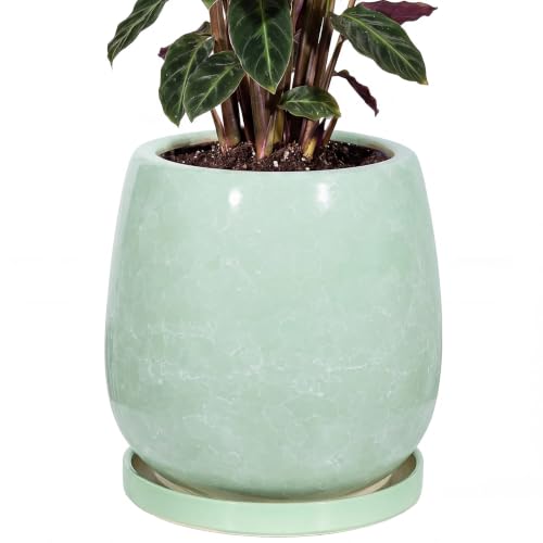 10.3 Inch Ceramic Glaze Plant Pot with Saucer, Flower Pots with Drainage Hole Mesh Net (Grass-Green) - color: Grass Green