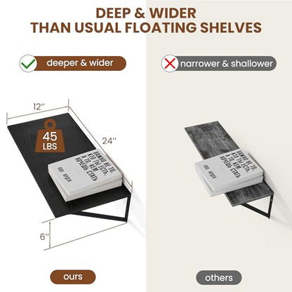Heimlove 24W x 12D Deep Floating Shelves Set of 2 Black - color: Black With Black Metal Bracket, size: 24Wx12Dx5.8H