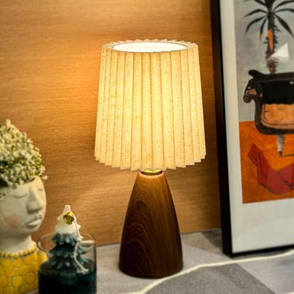 Small Pleated Table Lamp for Bedroom, Bedside Lamps for Nightstand, Dimmable Desk Lamp Ceramic Wood Grain Base Round Flaxen Fabric Shade for Living Room, Kids Room,LED Bulb Included(Art Deco) - style: Art Deco