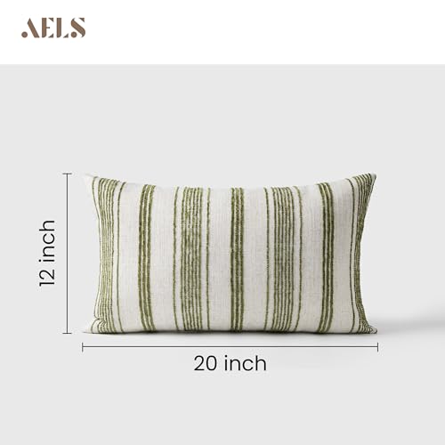 AELS 12x20 Decorative Farmhouse Linen Lumbar Pillow Covers, Beige with Olive Green Chenille Striped Pillow Case, Set of 2, Boho Textured Cushion Cover for Sofa Couch Living Room (Cover ONLY) - color: Beige With Olive Green, size: 20" x 12" (Pack of 2)