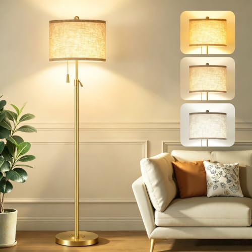 Modern Gold Floor Lamp for Living Room - Adjustable Height Standing Lamp with Metal Base & Linen Shade, 3-Way Dimmable Tall Floor Light for Bedroom, Reading, Bulb Included - color: Gold-Metal Base