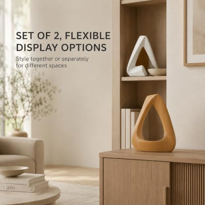 FUNTEREST Modern Abstract Sculpture Set of 2, White & Wood Grain Home Decor