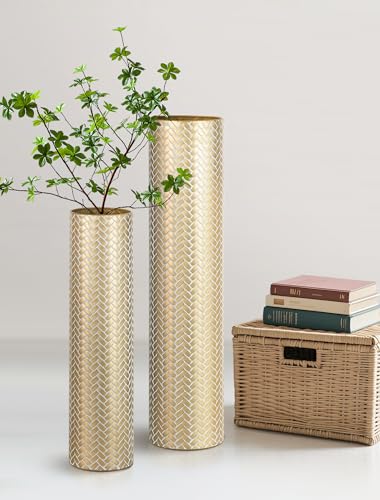 Sziqiqi Tall Gold Floor Vase, Metal Floor Standing with Woven Texture, 2Pcs - color: Gold