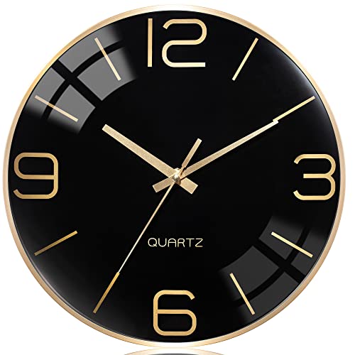 AYRELY® 12 Inch Silent Modern Wall Clocks Battery Operated, Wall Clock for Living Room Décor,Gold Metal Frame Clock Decorative for Bedroom,Kitchen,Office - color: Black-gold