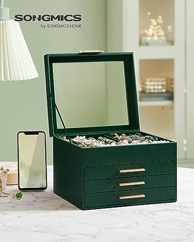 SONGMICS Jewelry Box Organizer, 4-Layer Storage with 3 Drawers, Glass Lid - color: Forest Green + Gold, size: 4 Layer (8"d X 9.1"w)