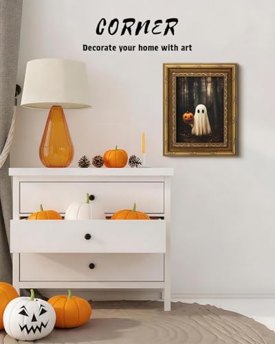 VIYYIEA Gold Framed Pumpkin Ghost Canvas Art, Gothic Halloween, 8x10in - color: Ghost Pumpkin Art, size: 10"L x 8"W