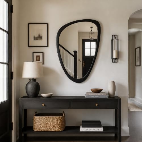Solid Wood Asymmetrical Irregular Framed Wall Mirror, 24"x36" - color: Black, size: 36"L x 24"W