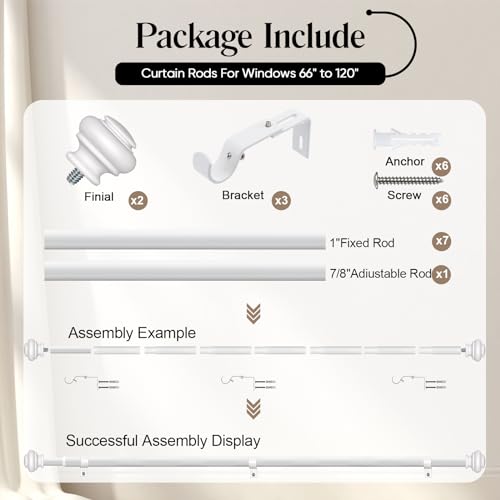 SIMEWIN Heavy Duty Window Curtain Rods, 66-120 Inches, White, Adjustable with Classic Finials - color: White, size: 28"-120"