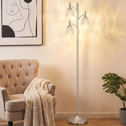 JUNNAI Brushed Nickel Floor Lamps for Living Room Silver Flower Standing Lamp with 3 Brightness Lights Glass Shades 66.5in Lamp for Bedroom Office(3LED Bulbs Included) - color: Silver-2