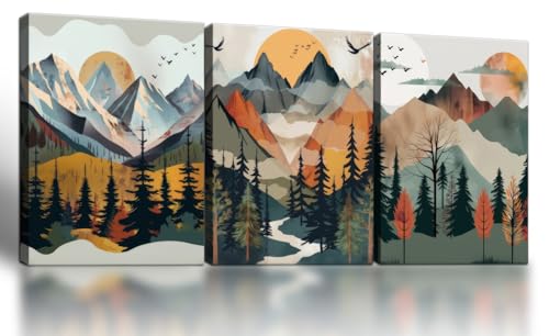 Framed Forest Mountain Canvas Wall Art Set of 3, 12x16 Inch Decor | Nature-inspired forest painting prints, Ready to Hang picture poster for living room, bedroom, office and hallway. - color: Multi-colored-B, size: 12"L x 16"W