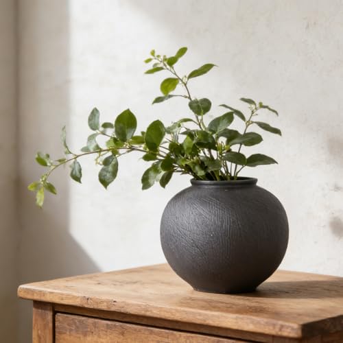 Black Round Vase, 6.1" Matte Black Ceramic Vase, Small Textured Pottery Vase for Flowers, Rustic Farmhouse Table Vases for Living Room Shelf Entryway Home Decor - color: Black, size: 6.1in