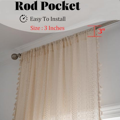 Sutuo Home Beige Boho Lace Sheer Curtains 84 inches Long,Crochet Macrame Semi-Sheer Bohemian Drape with Tassels, Cream Farmhouse Window Curtains for Living Room & Bedroom, 1 Panel 59" W,Rod Pocket - color: Beige Crochet, size: 59"W x 84"L (Pack of 1)
