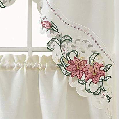 GOHD Lily Fragrance. 3pcs Multi-Color Embroidery Kitchen Cafe Curtain Set Swag and Tiers Set with cutworks. (Burgundy) - color: Burgundy