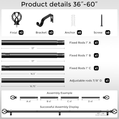 Black Curtain Rod 36-60 Inch, 1 Inch Curtain Rods for Windows - color: Black, size: 36"-60" (1 Pack)