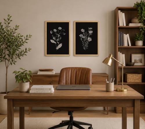 2Pcs Framed Canvas Botanical Wall Art Black Floral Print 12x16 Inch - color: Blackened flowers, size: 16"L x 12"W