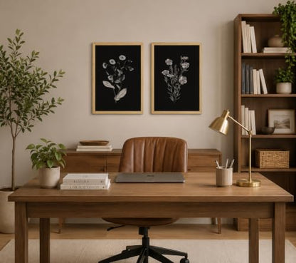 2Pcs Framed Canvas Botanical Wall Art Black Floral Print 12x16 Inch - color: Blackened flowers, size: 16"L x 12"W