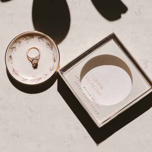 Sweet Water Decor Jewelry Dish, Ceramic Trinket Tray with Gold Foil Leaf Design, 3” Ring Holder for Earrings and Small Keepsakes, Elegant Gift for Bridesmaids, Weddings, Anniversaries, Birthdays - style: Leaves