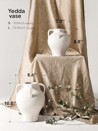 Large White Ceramic Vase with 4 Handles, 10.8 Inch, Rustic Farmhouse - color: Yeda - Rock Sand White, size: L(10.8"-11.8")