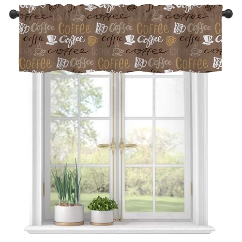 Curtain Valances,Hand Drawn Doodle Coffee Time Semi Sheer Kitchen Windows Valances, Rod Pocket Short Window Treatment Light Filtering Decor Valances for Kitchen Living Room Bedroom - 54"x18" - color: Hand Drawn Doodle Coffee Time, size: 18"W x 54"L (Pack