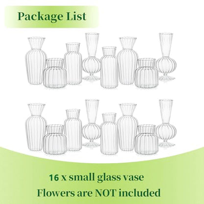 Mini Glass Vases for Centerpieces - Hewory Small Clear Bud Vase in Bulk, Cute Flower Vases Set for Wedding, Home Decoration, Table Decor (Clear, 16)
