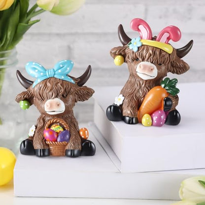 Karenhi 2 Pcs Highland Cow Figurines Resin, Bunny Ears Spring Decor - style: Easter