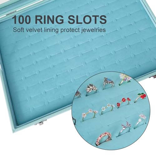 100 Slots Jewelry Ring Holder Box with Dust-proof Clear Glass Lid - color: Blue-100 rings