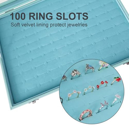 100 Slots Jewelry Ring Holder Box with Dust-proof Clear Glass Lid - color: Blue-100 rings