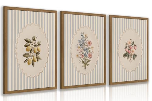 OPFDE Wood Framed Vintage Botanical Wall Art Set of 3, Embroidered Wildflower Lemon Strawberry Poster Prints, Blue Stripe Farmhouse Wall Decor, Cottagecore Floral Artwork for Kitchen 16x24 Inch - color: Embroidered, size: 24"L x 16"W