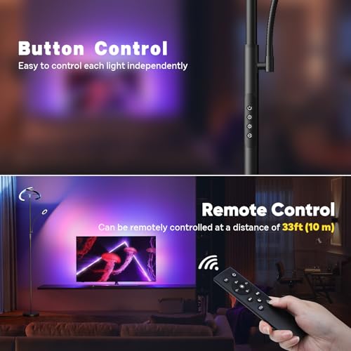 SIBRILLE Upgraded 36W RGBCW Floor Lamp with Ring Reading Lamp, Rotatable Remote Control LED Standing Lamp Dimmable Floor Light Modern Standing Light for Living Room Bedroom Home Office, Black - color: 2-in-1