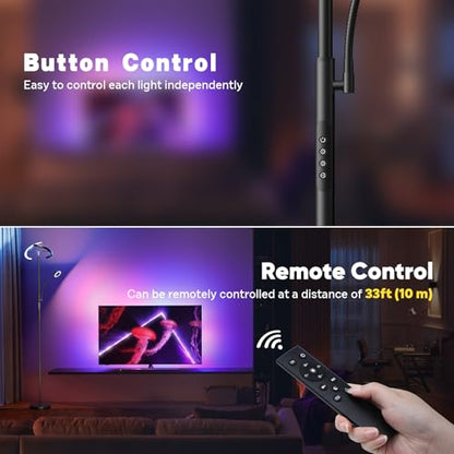SIBRILLE Upgraded 36W RGBCW Floor Lamp with Ring Reading Lamp, Rotatable Remote Control LED Standing Lamp Dimmable Floor Light Modern Standing Light for Living Room Bedroom Home Office, Black - color: 2-in-1