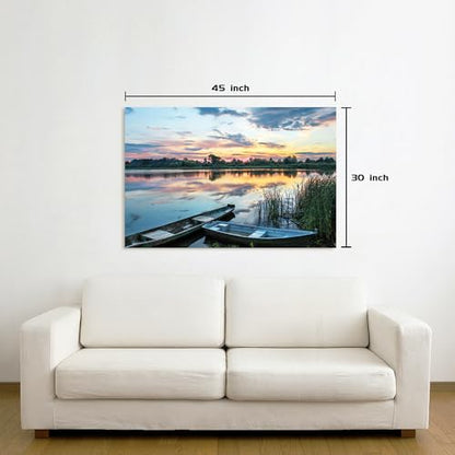 Dream Land Lake Landscape Canvas Wall Art: Green Water Wilderness Painting Relaxing Dusk Scenery Picture for Living Room - color: boat, size: 45"L x 30"W