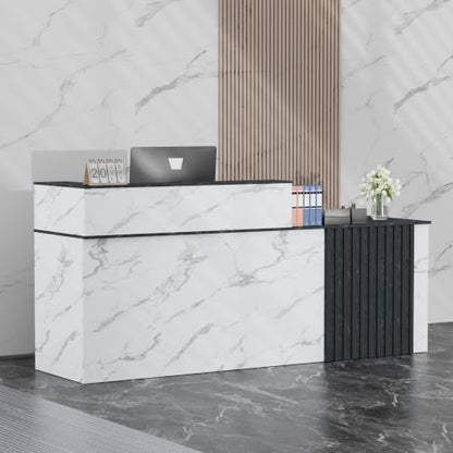 78.7"Reception Desk with Vertical Slat Panels for Office, Salon & Lobby - color: White Marble/Blue-gray Marble, size: 78.7''L x 23.6''W x 39.3''H